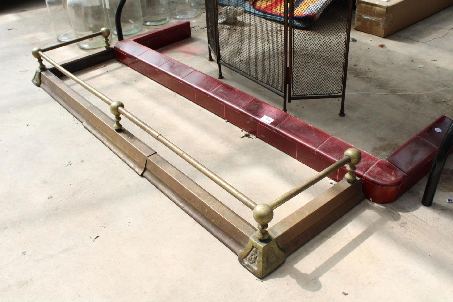 A BRASS EXTENDABLE FIRE FENDER, A TILED FIRE FENDER AND A FIRE GUARD ETC - Image 2 of 2