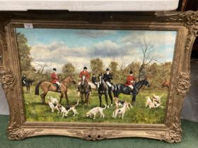 AN ORNATE GILT FRAMED OIL ON CANVAS OF THE CHESHIRE HUNT SIGNED MICHAEL WOOD TO LOWER RIGHT HAND