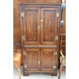 A GEORGE III OAK 4 DOOR FULL LENGTH CORNER CUPBOARD WITH 4 BRASS HINGES, 36" WIDE