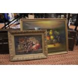 A VINTAGE STILL LIFE OIL ON CANVAS, SIGNED, WITH GILT FRAME, PLUS A STILL LIFE PRINT