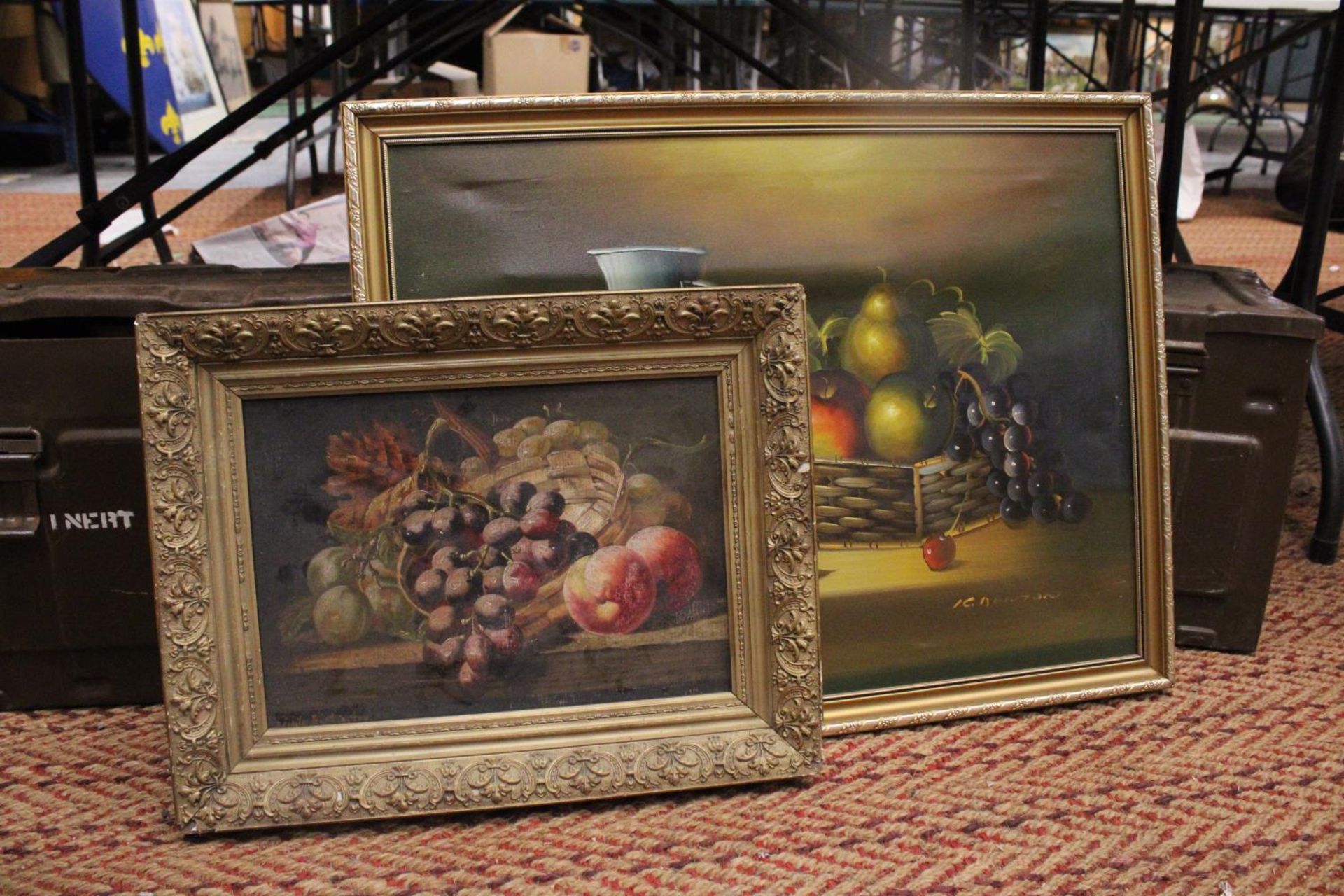 A VINTAGE STILL LIFE OIL ON CANVAS, SIGNED, WITH GILT FRAME, PLUS A STILL LIFE PRINT
