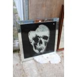 A MODERN WALL DECORATION DEPICTING A MIRRORED SKULL, 35.5" SQUARE