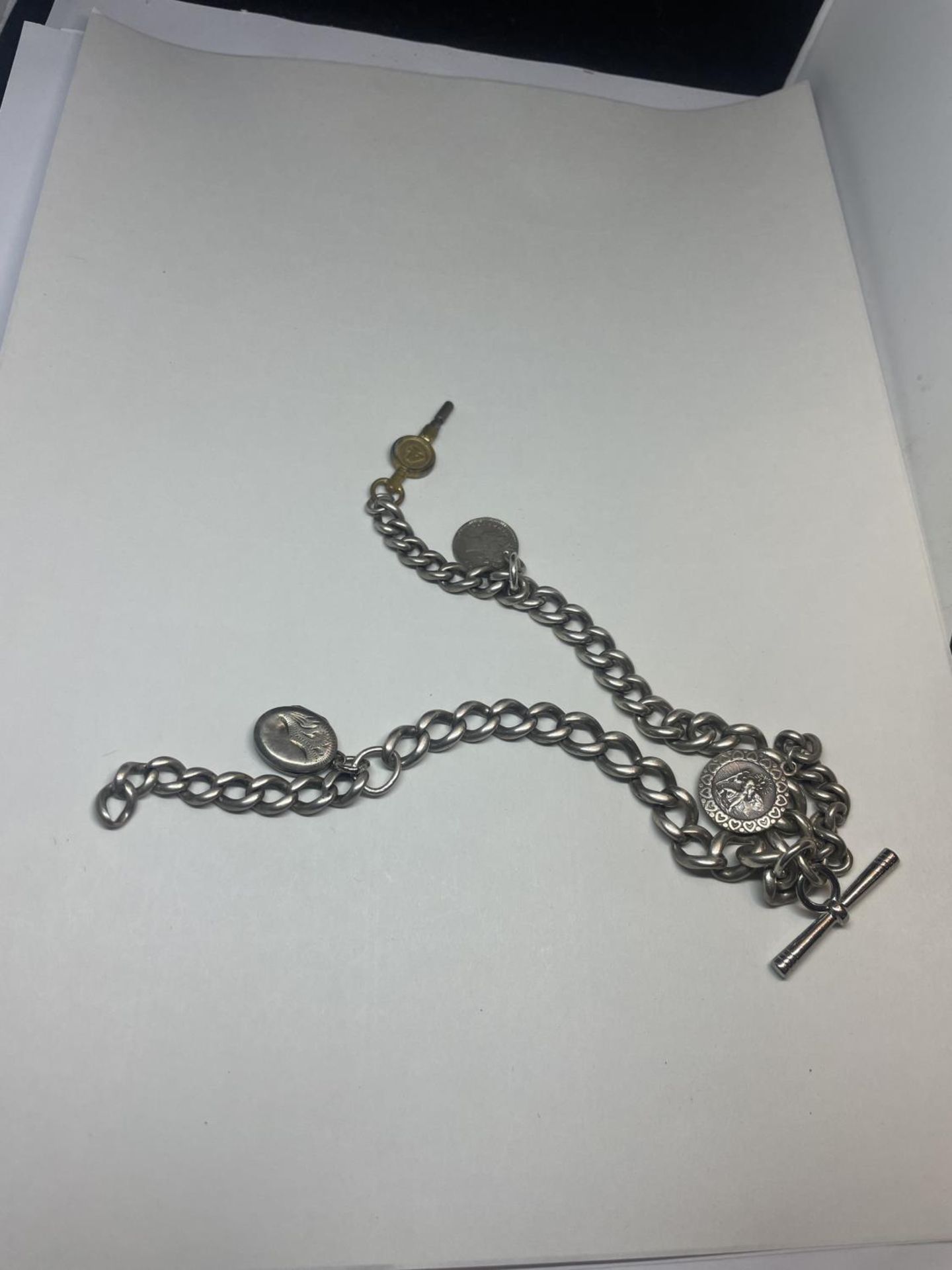 A SILVER DOUBLE ALBERT WATCH CHAIN WITH THREE FOBS AND A KEY - Image 3 of 4