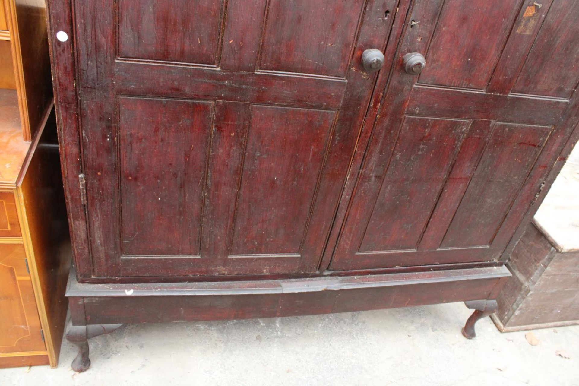 A VICTORIAN PINE PANELLED TWO DOOR STORAGE CUPBOARD ON CABRIOLE LEGS, 59" WIDE, 18.5" DEEP AND 85.5" - Image 3 of 5