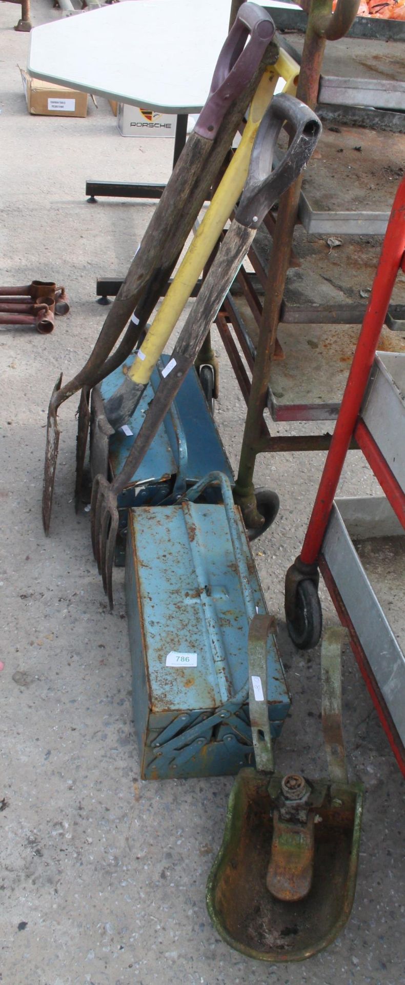 CATTLE DRINKING BOWL, 2 TOOL BOXES, 2 SPADES AND A FORK NO VAT