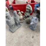 FIVE VARIOUS CONCRETE GARDEN FIGURES TO INCLUDE MARIO AND LAUREL AND HARDY ETC NO VAT TO BE SOLD FOR