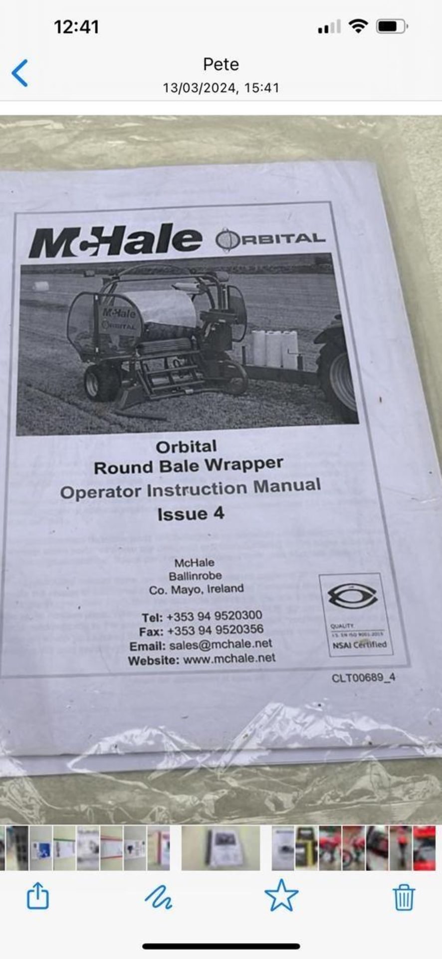 2018 MC HALE S307 ORBITAL ROUND BALE WRAPPER SERIAL NUMBER 125604 WITH OPERATORS MANUAL + VAT - Image 19 of 19