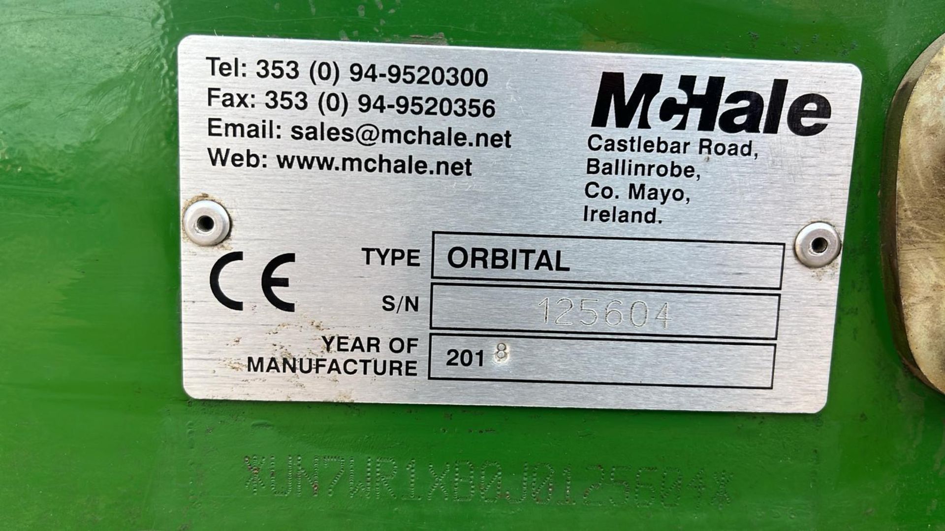 2018 MC HALE S307 ORBITAL ROUND BALE WRAPPER SERIAL NUMBER 125604 WITH OPERATORS MANUAL + VAT - Image 12 of 19