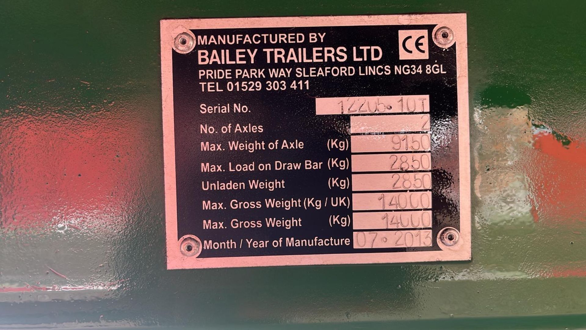 2013 BAILEYS TWIN AXLE TRAILER 26' LONG WITH RIDGED DRAW BAR SERIAL NUMBER 122U5.10T + VAT - Image 14 of 15