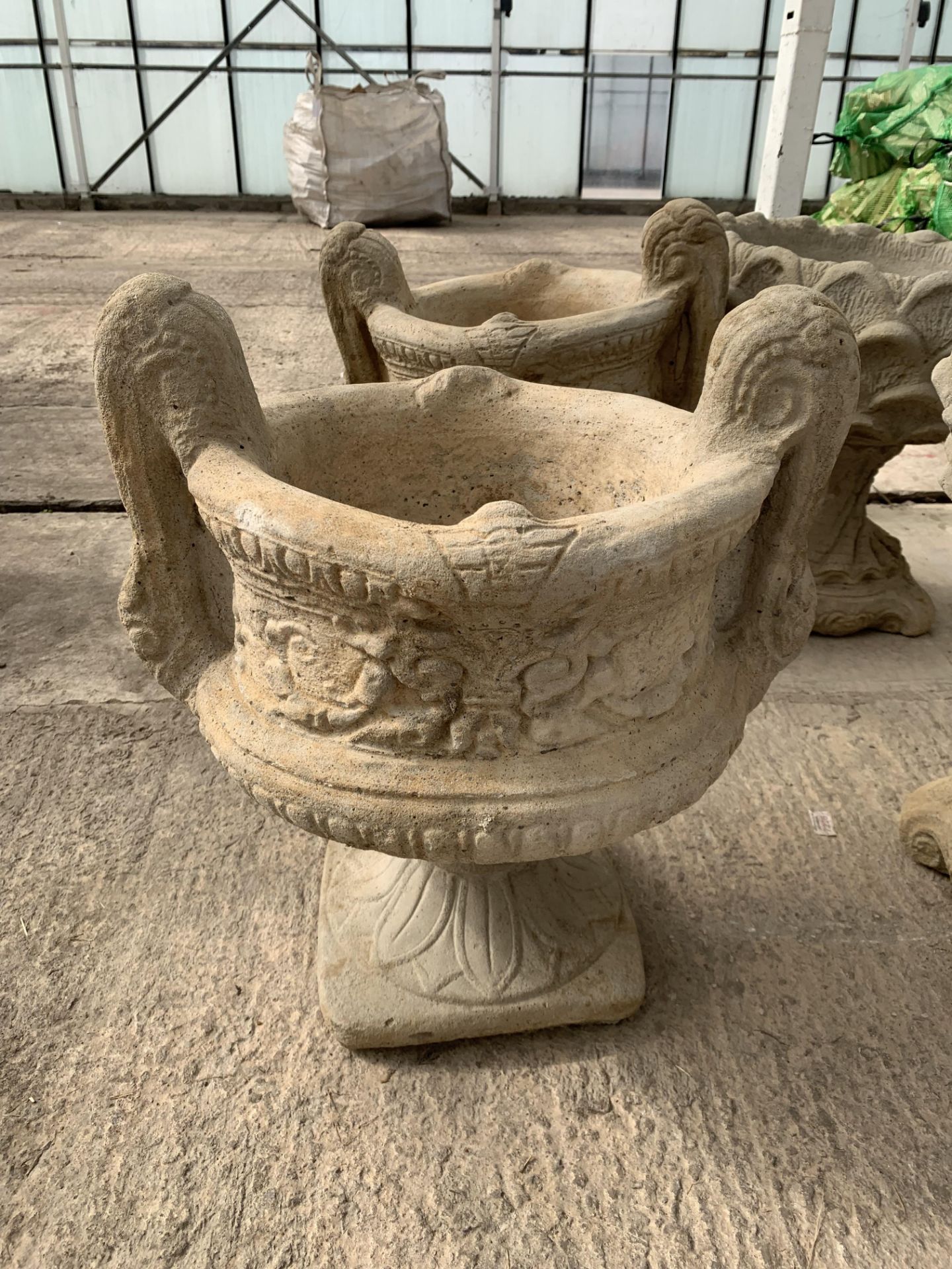 A PAIR OF TWIN HANDLED CONCRETE PLANTERS NO VAT - Image 5 of 8