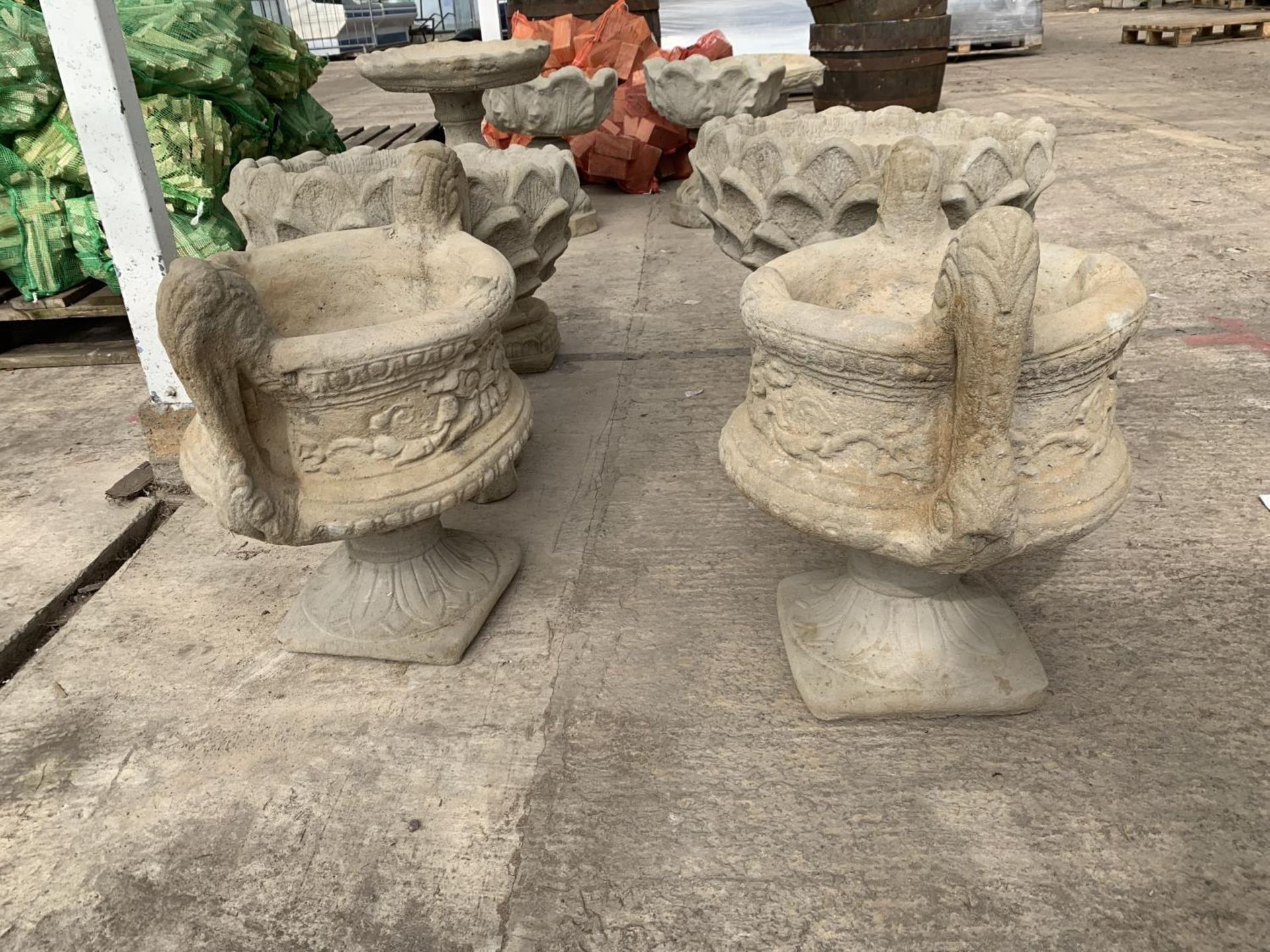 A PAIR OF TWIN HANDLED CONCRETE PLANTERS NO VAT - Image 2 of 8
