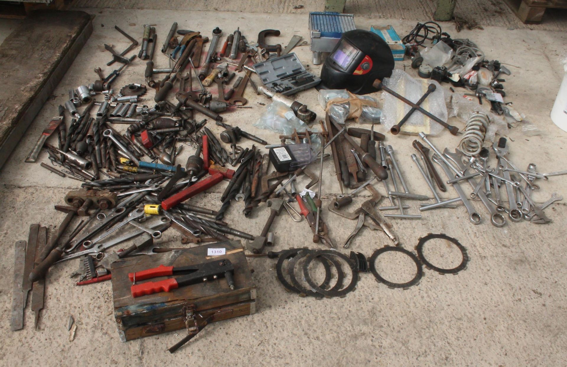 JOB LOT OF OLD TOOLS, BITS, FILES, SPANNERS AND MOTOR BIKE PARTS NO VAT