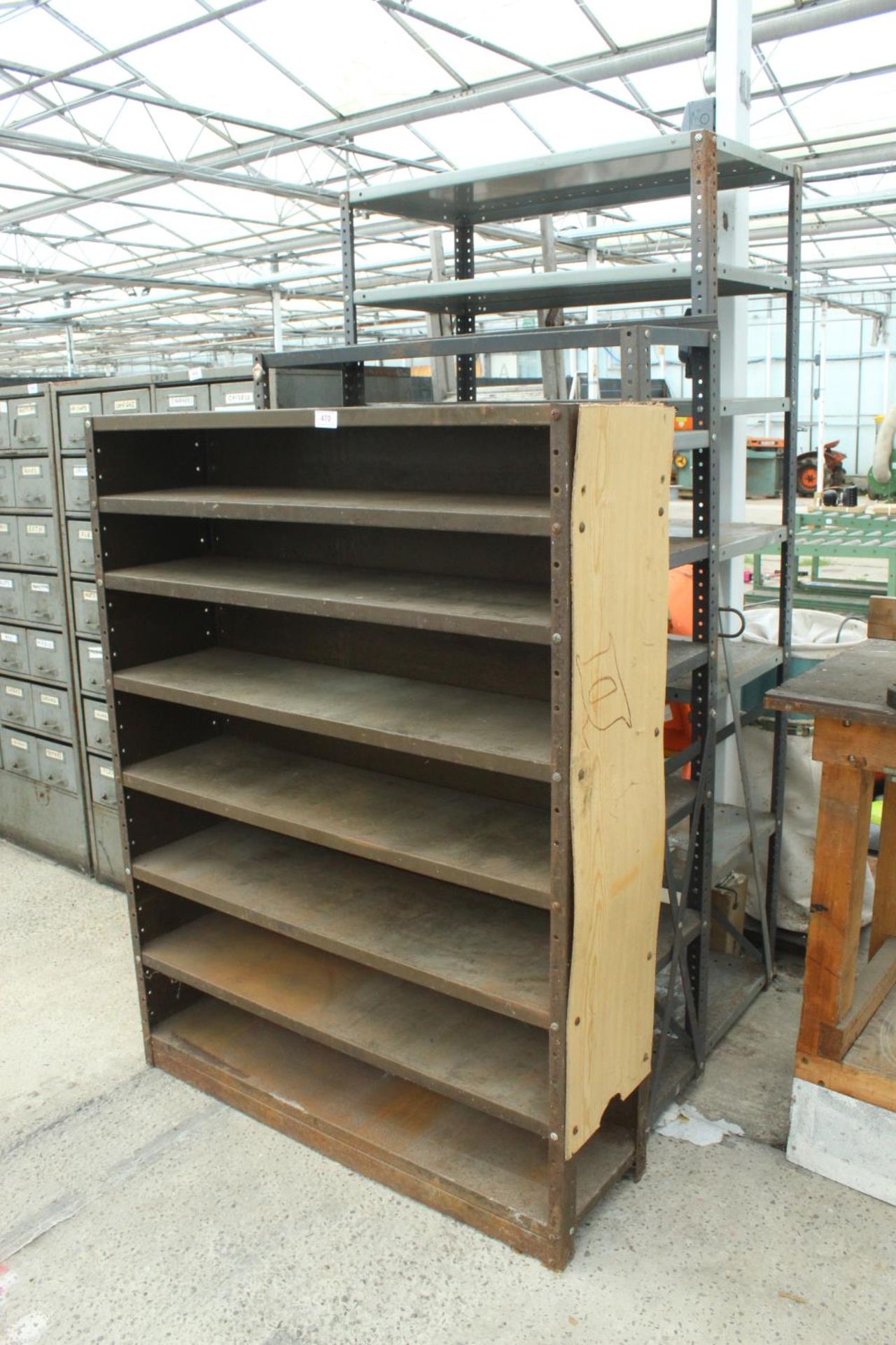 THREE VARIOUS WORKSHOP SHELVING UNITS NO VAT