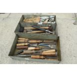 THREE BOXES OF HAND TOOLS TO INCLUDE AN ASSORTMENT OF CHISELS AND VARIOUS HAMMERS NO VAT