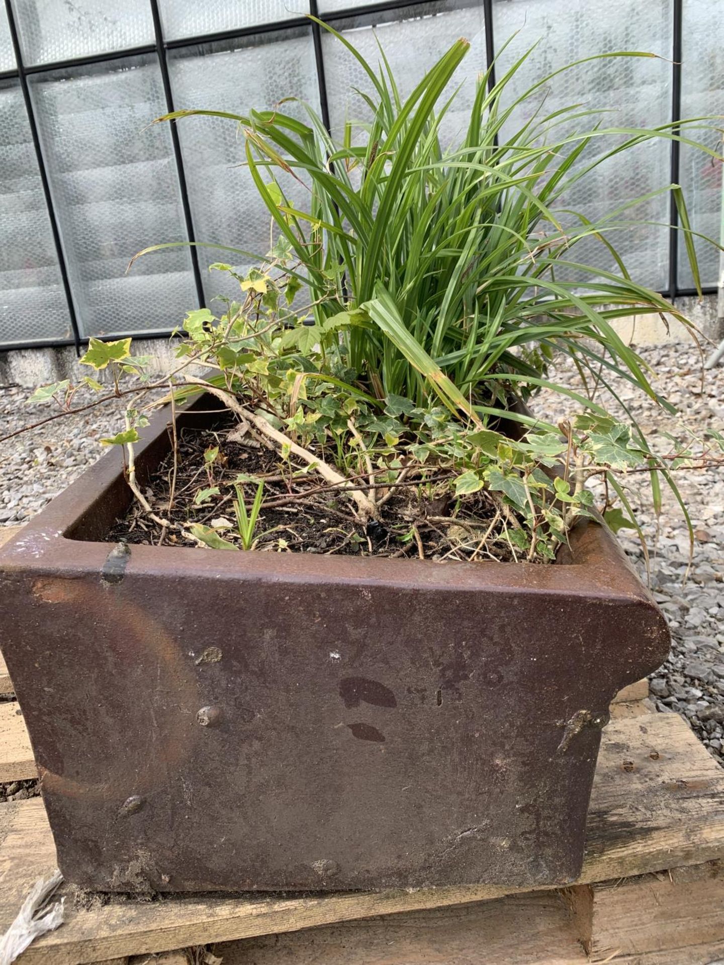 ONE BROWN SALT GLAZED PIG TROUGH WITH PLANTS MEASURING 76CM IN LENGTH BY 29CM WIDTH APPROX 23CM IN - Image 5 of 7