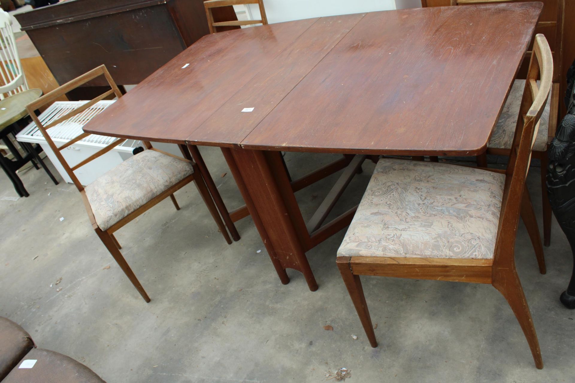 A RETRO TEAK DROP-LEAF DINING TABLE, 59" X 36" OPENED AND FOUR LADDER-BACK DINING CHAIRS - Image 2 of 3