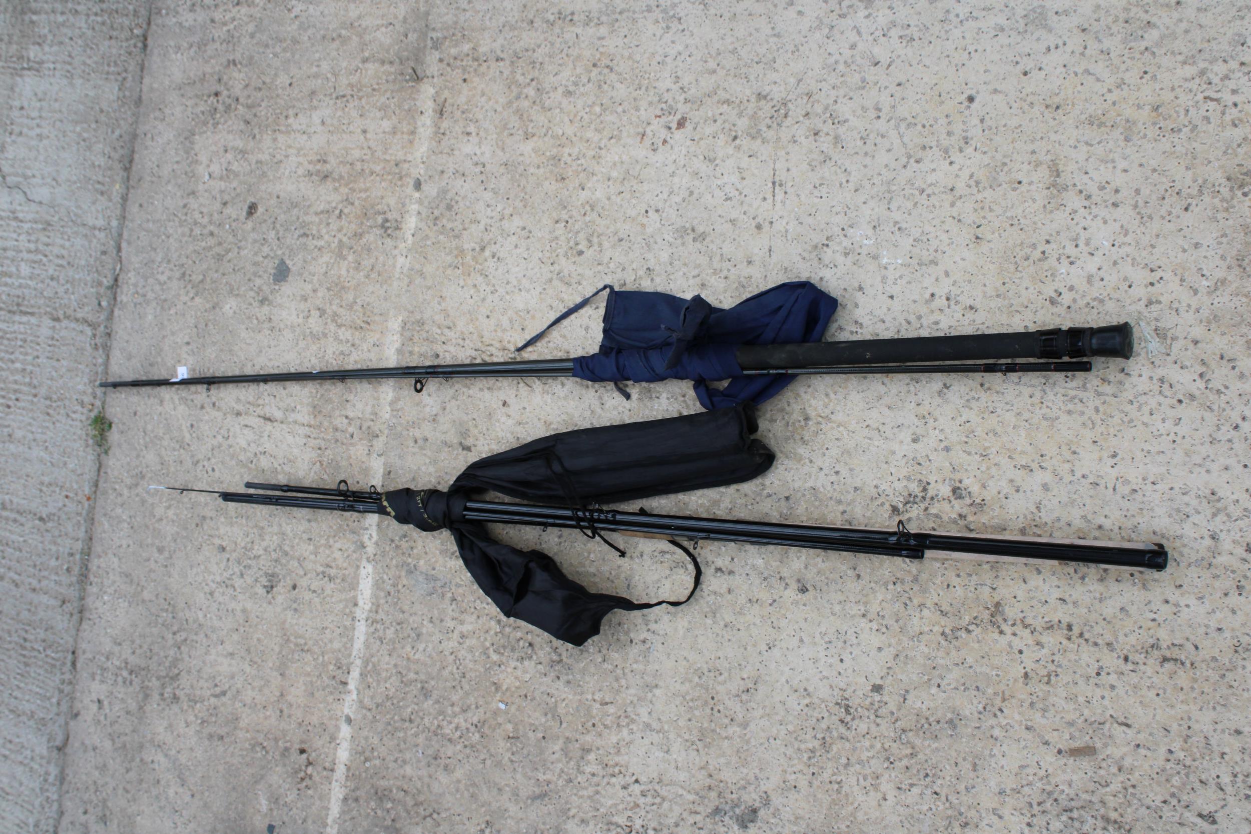 TWO FISHING RODS TO INCLUDE A ZEBCO THREE SECTION ROD