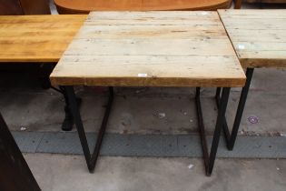 A RUSTIC FOUR PLANK TABLE, 36" X 33" ON METAL LEGS