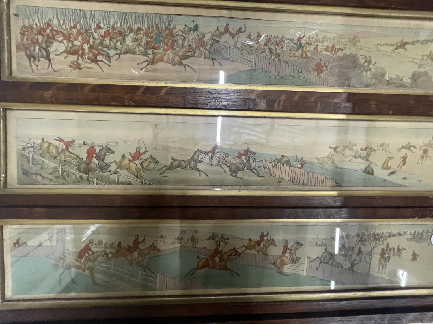 FIVE VINTAGE OBLONG HUNTING SCENE FRAMED PRINTS - Image 5 of 12