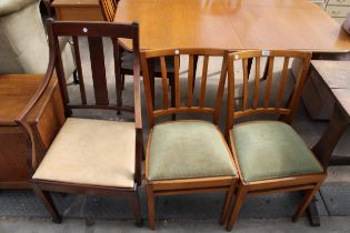 AN EDWARDIAN MAHOGANY AND INLAID CARVER CHAIR AND A PAIR OF BEECH KITCHEN CHAIRS