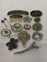A QUANTITY OF VINTAGE BELT BUCKLES, HAIR SLIDES AND HAT PINS
