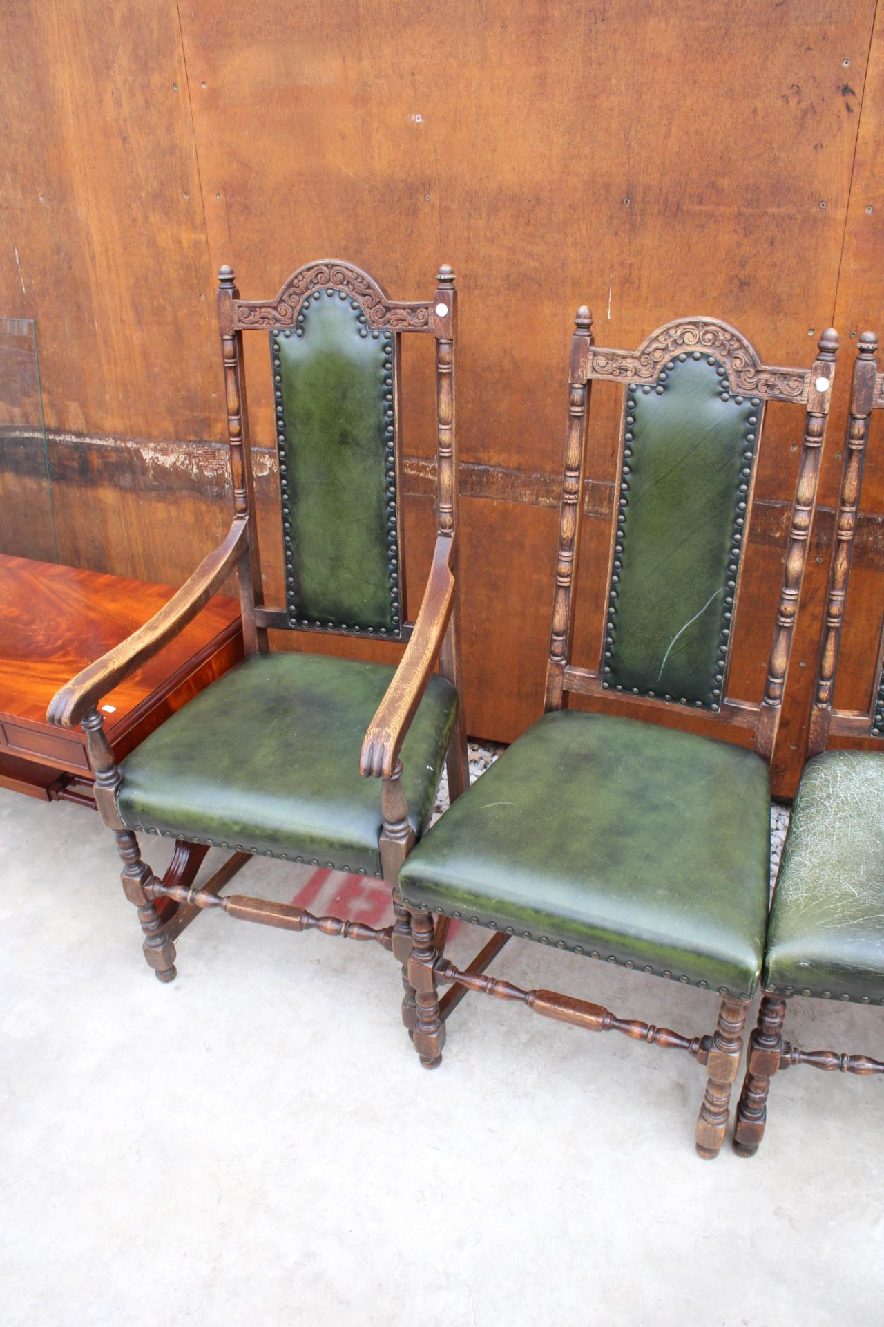 A SET OF TEN OAK JACOBEAN STYLE HIGH BACK DINING CHAIRS, TWO BEING CARVERS ON TURNED LEGS AND - Image 4 of 4