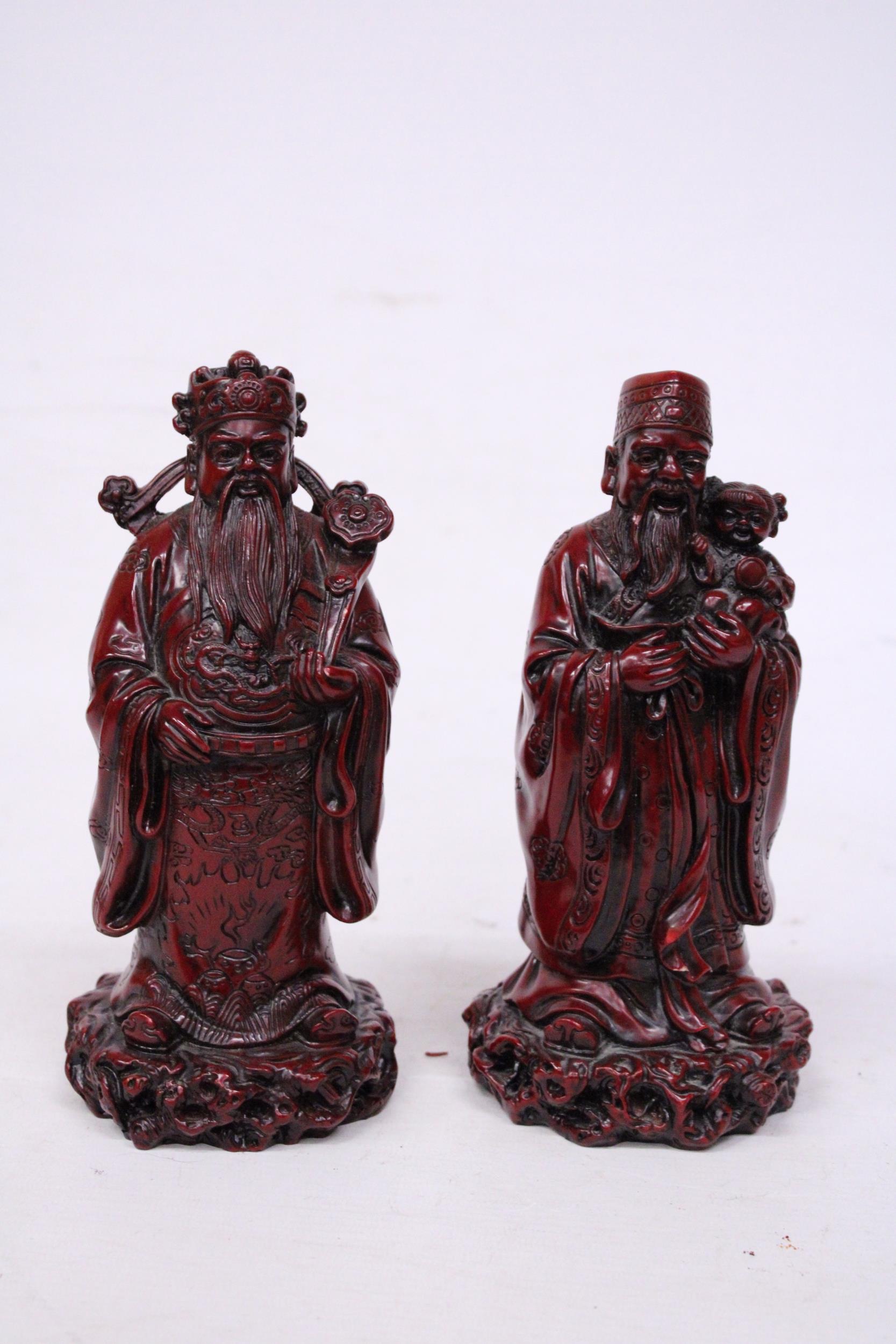 TWO HEAVY RED RESIN MANDARIN FIGURES 9 INCH (H)