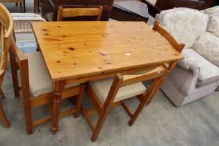 A MODERN PINE KITCHEN TABLE, 48" X 26" AND FOUR CHAIRS