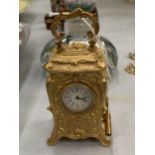 A MINIATURE GILDED FRENCH CLOCK WITH KEY HEIGHT 3.5" SEEN WORKING BUT NO WARRANTY