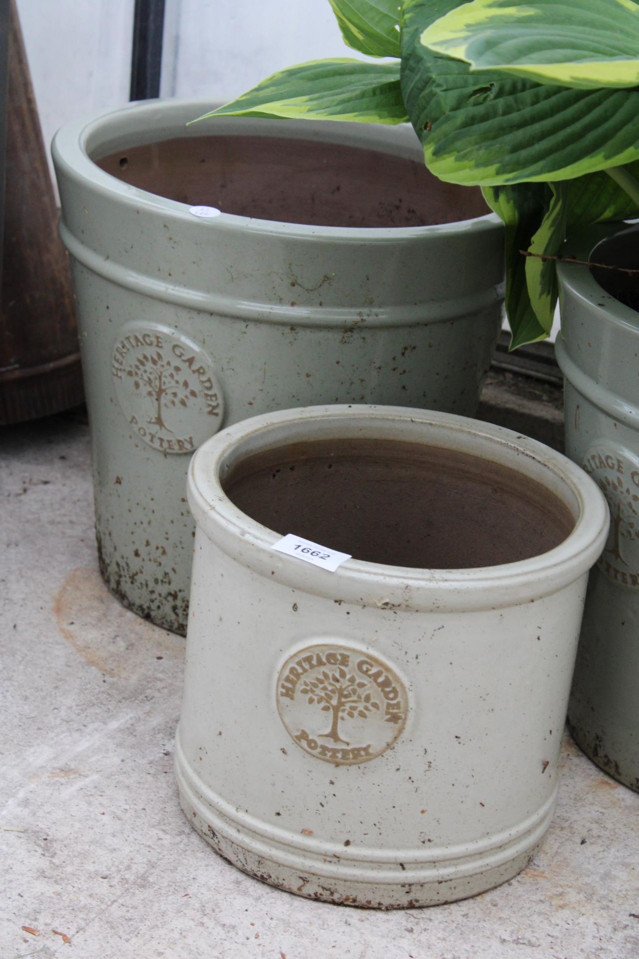 A SET OF THREE GLAZED HERITAGE GARDEN POTTERY TUBS ONE CONTAINING HOSTERS - Image 2 of 3