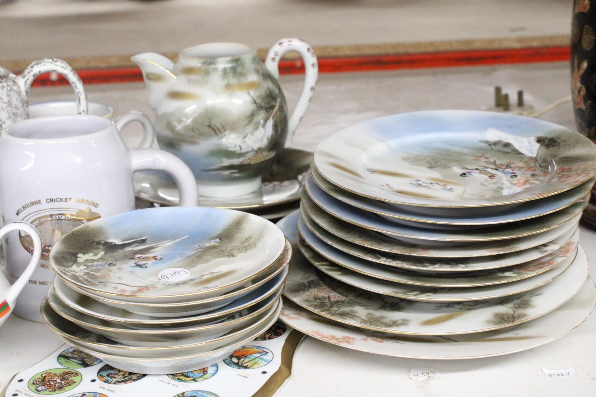 AN ORIENTAL TEAPOT, NO LID, SUGAR BOWL LARGE JUG AND PLATES, PLUS A VINTAGE SWINNERTON'S TEAPOT, ETC - Image 2 of 4