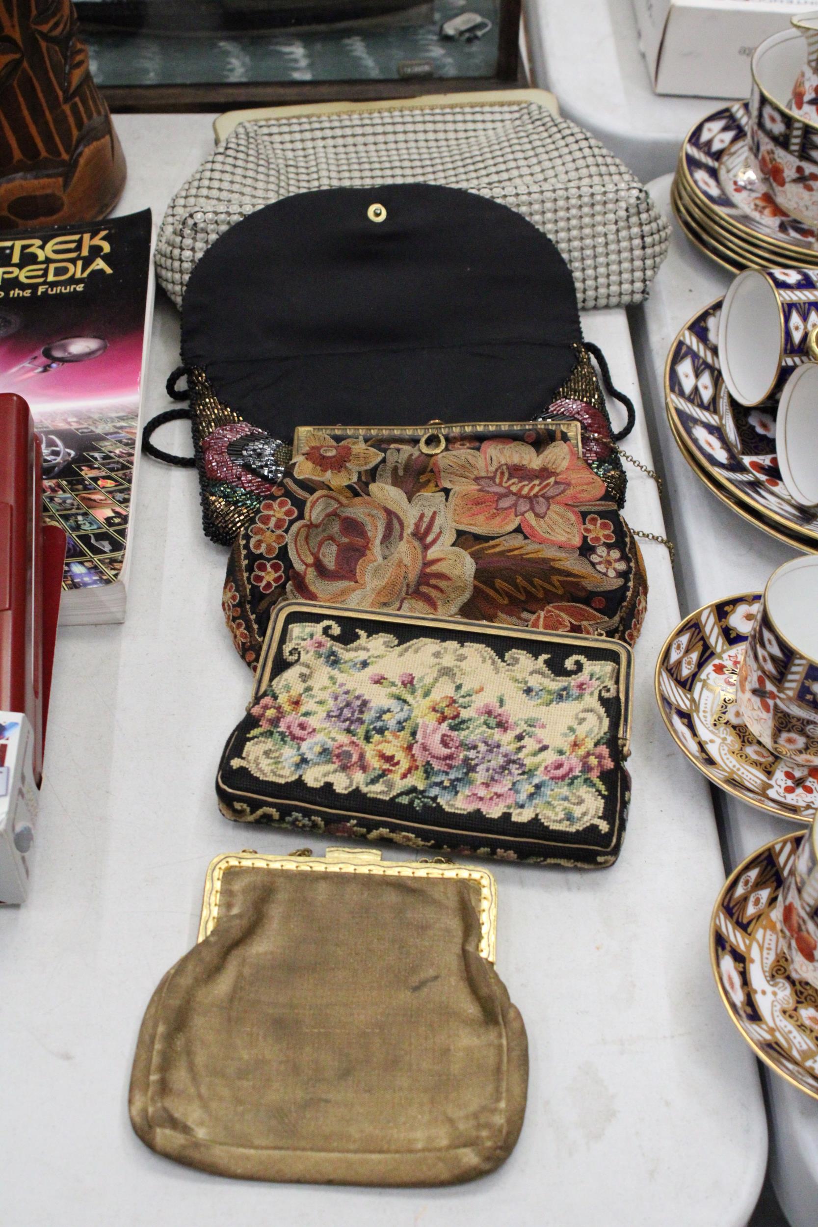 FIVE VINTAGE BAGS TO INCLUDE TAPESTRY AND EMBROIDERY