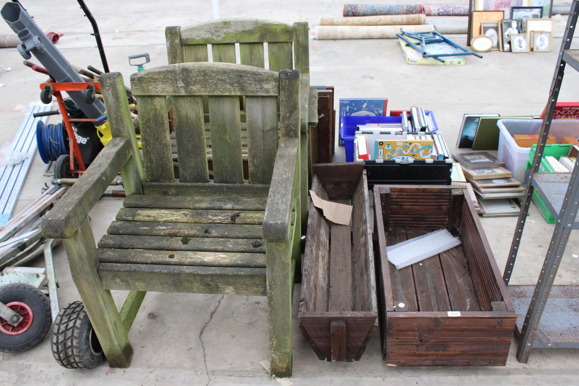 TWO WOODEN TROUGHT PLANTERS AND TWO WOODEN GARDEN CHAIRS