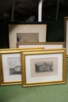 FOUR VINTAGE ENGRAVINGS, THREE COLOURED, FEATURING PROMINENT HOUSES