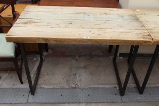 A RUSTIC FOUR PLANK TABLE, 47" X 27" ON METAL LEGS