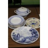 A LIDDED TUREEN AND PLATES FROM JOHN MADDOCK AND SONS, AN IRONSTONE BLUE AND WHITE PLATTER PLUS A