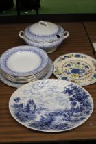 A LIDDED TUREEN AND PLATES FROM JOHN MADDOCK AND SONS, AN IRONSTONE BLUE AND WHITE PLATTER PLUS A