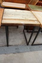 A RUSTIC FOUR PLANK TABLE, 27" X 25" ON METAL LEGS