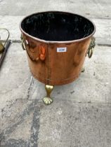 A COPPER CYLINDRICAL COAL BUCKET WITH BRASS LION HEAD HANDLES AND PAW FEET