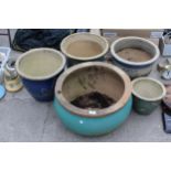 FIVE VARIOUS DECORATIVE GLAZED PLANT POTS