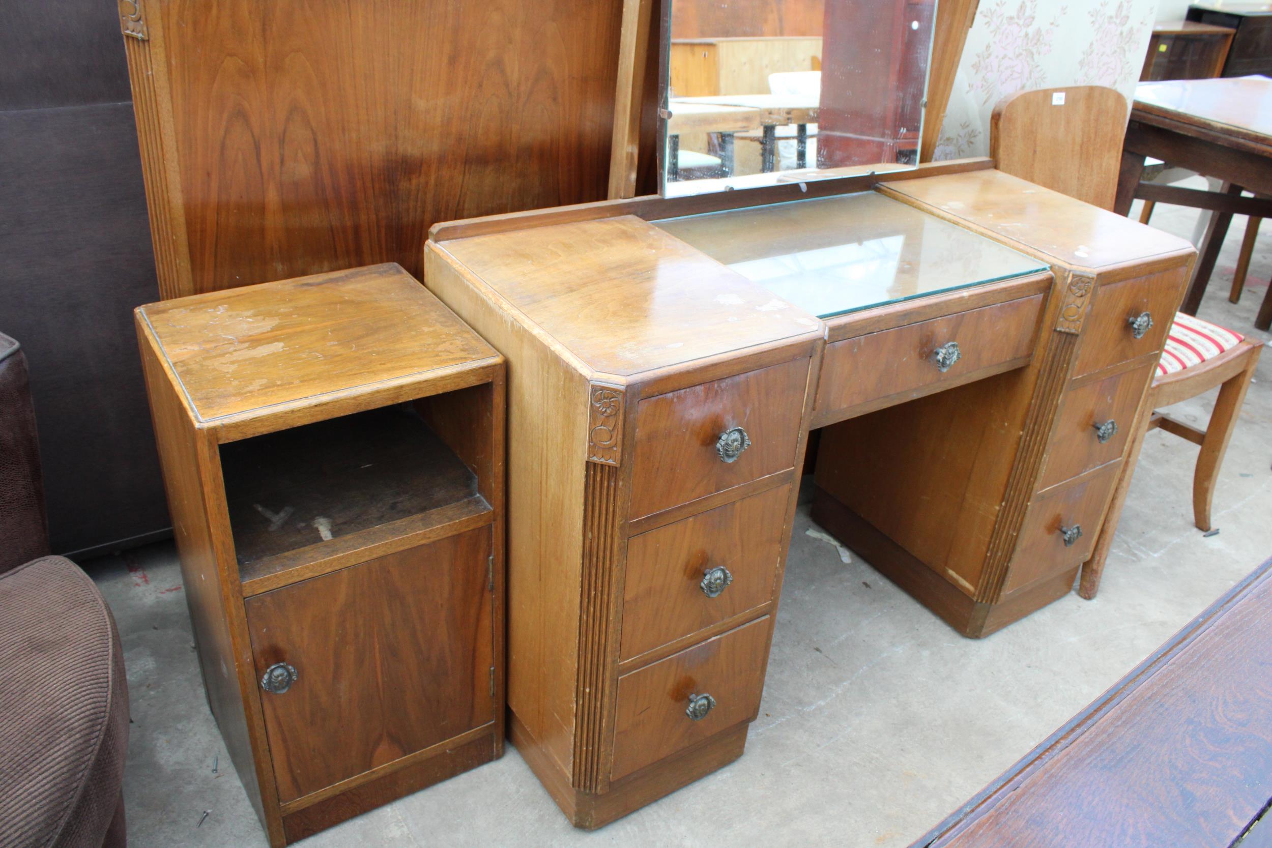 A MID 20TH CENTURY WALNUT DRESSING TABLE, BEDSIDE LOCKER, BEDSTEAD AND SIMILAR CHAIR - Image 2 of 2