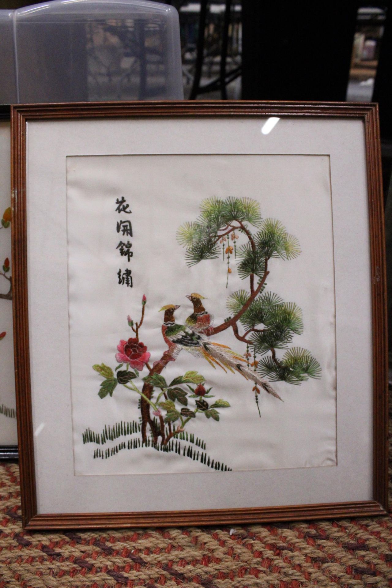 THREE VINTAGE ORIENTAL DEPICTING BIRDS HAND EMBROIDERED SILKS IN FRAMES - Image 3 of 4