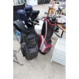 TWO GOLF BAGS WITH A LARGE ASSORTMENT OF GOLF CLUBS TO INCLUDE HIPPO, SKYMAX AND LYNX ETC