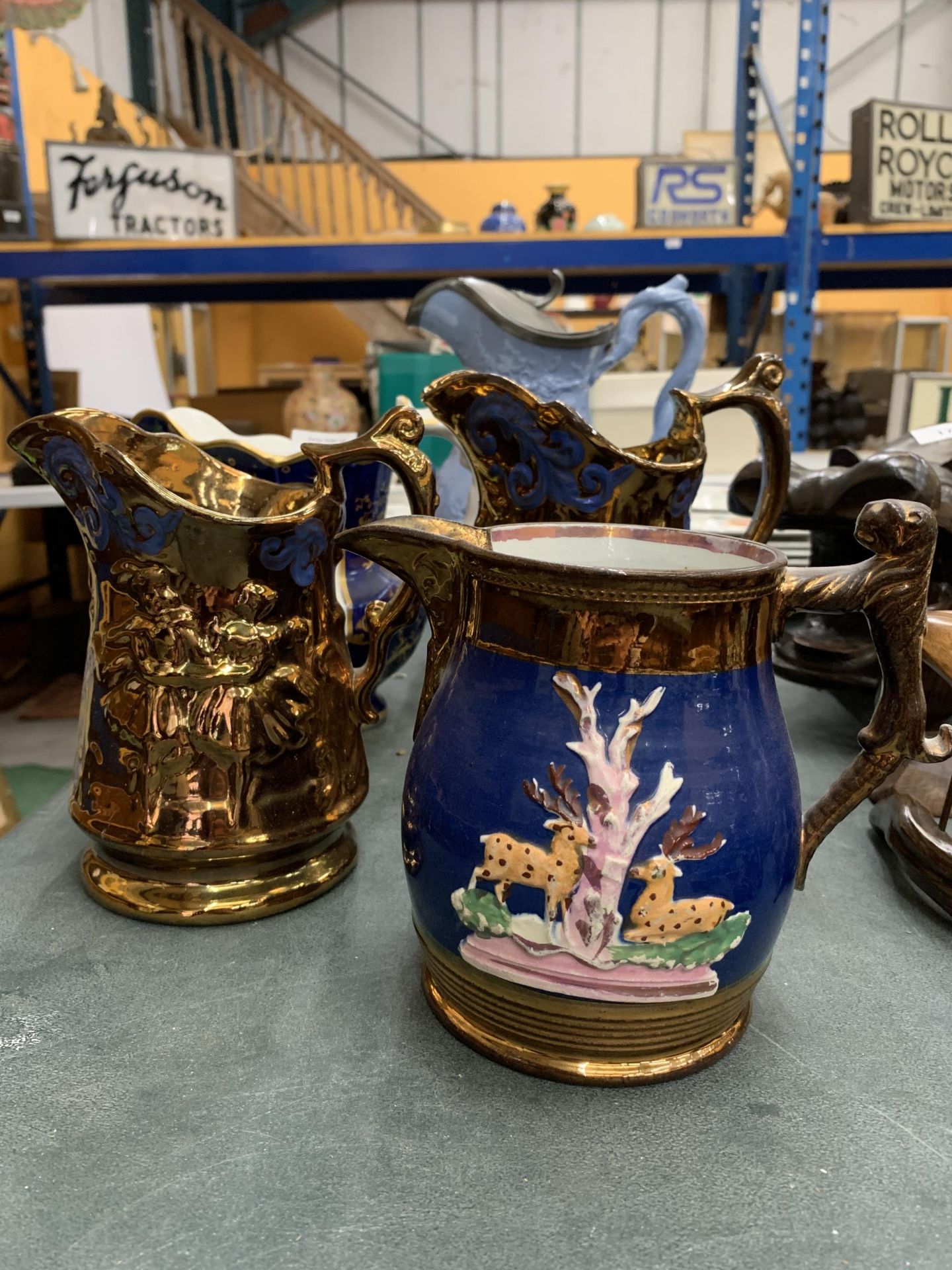 SIX VINTAGE JUGS, A GOBLET AND A MUG TO INCLUDE A WATER JUG WITH CHERUBS AND PEWTER LID, COPPER - Image 3 of 5