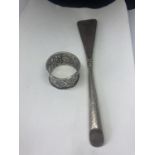 A HALLMARKED BIRMINGHAM SILVER HANDLED SHOE HORN AND AN ORIENTAL SILVER NAPKIN RING