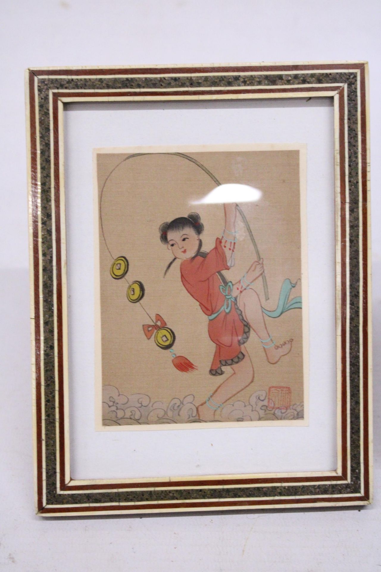 A CHINESE SILK FRAMED MINIATURE AND A CHINESE CERAMIC FIGURE - Image 2 of 7