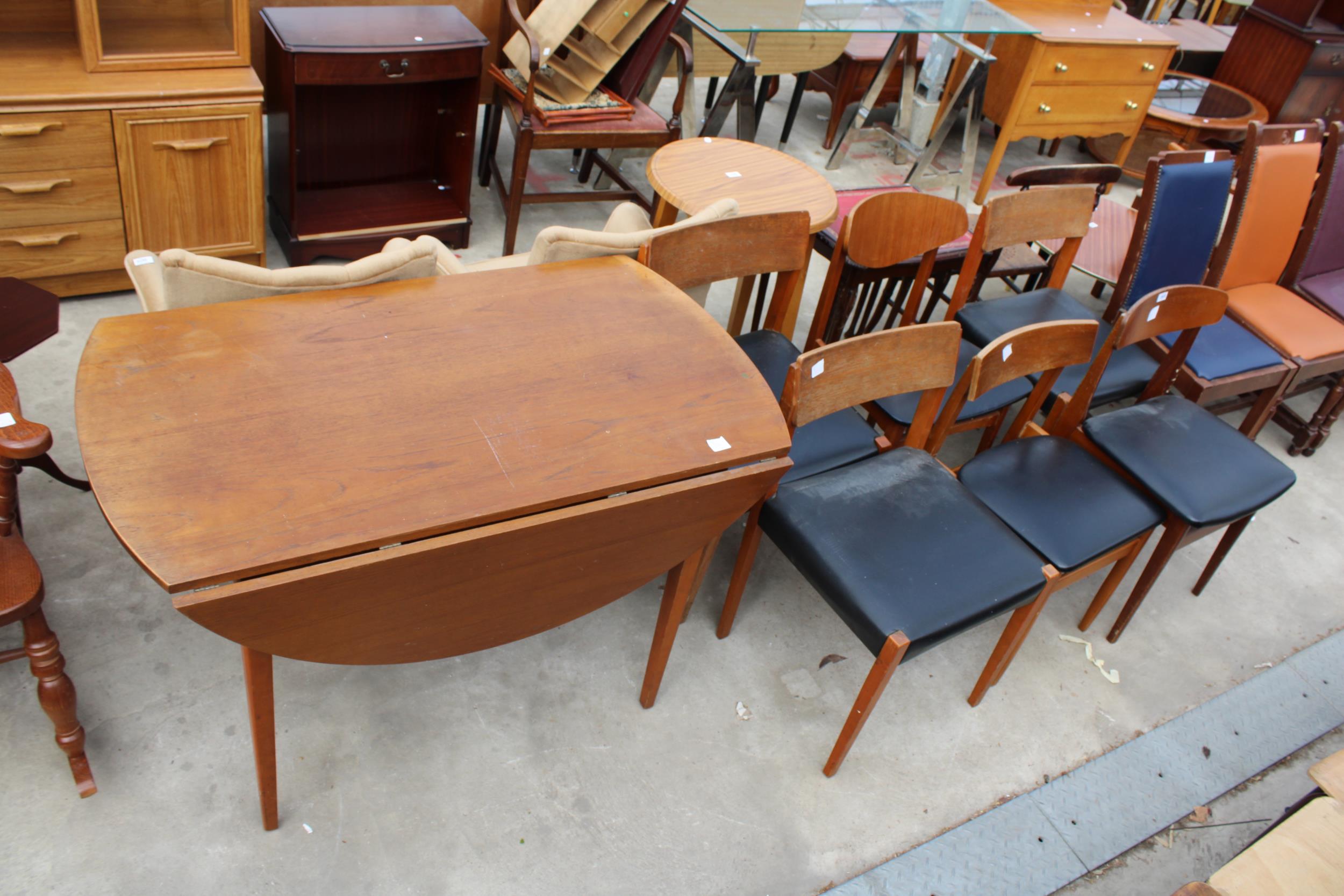 SIX VARIOUS RETRO TEAK DINING CHAIRS AND RETRO TEAK OVAL DROP-LEAF DINING TABLE, 49" X 45" OPENED