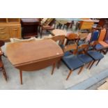 SIX VARIOUS RETRO TEAK DINING CHAIRS AND RETRO TEAK OVAL DROP-LEAF DINING TABLE, 49" X 45" OPENED