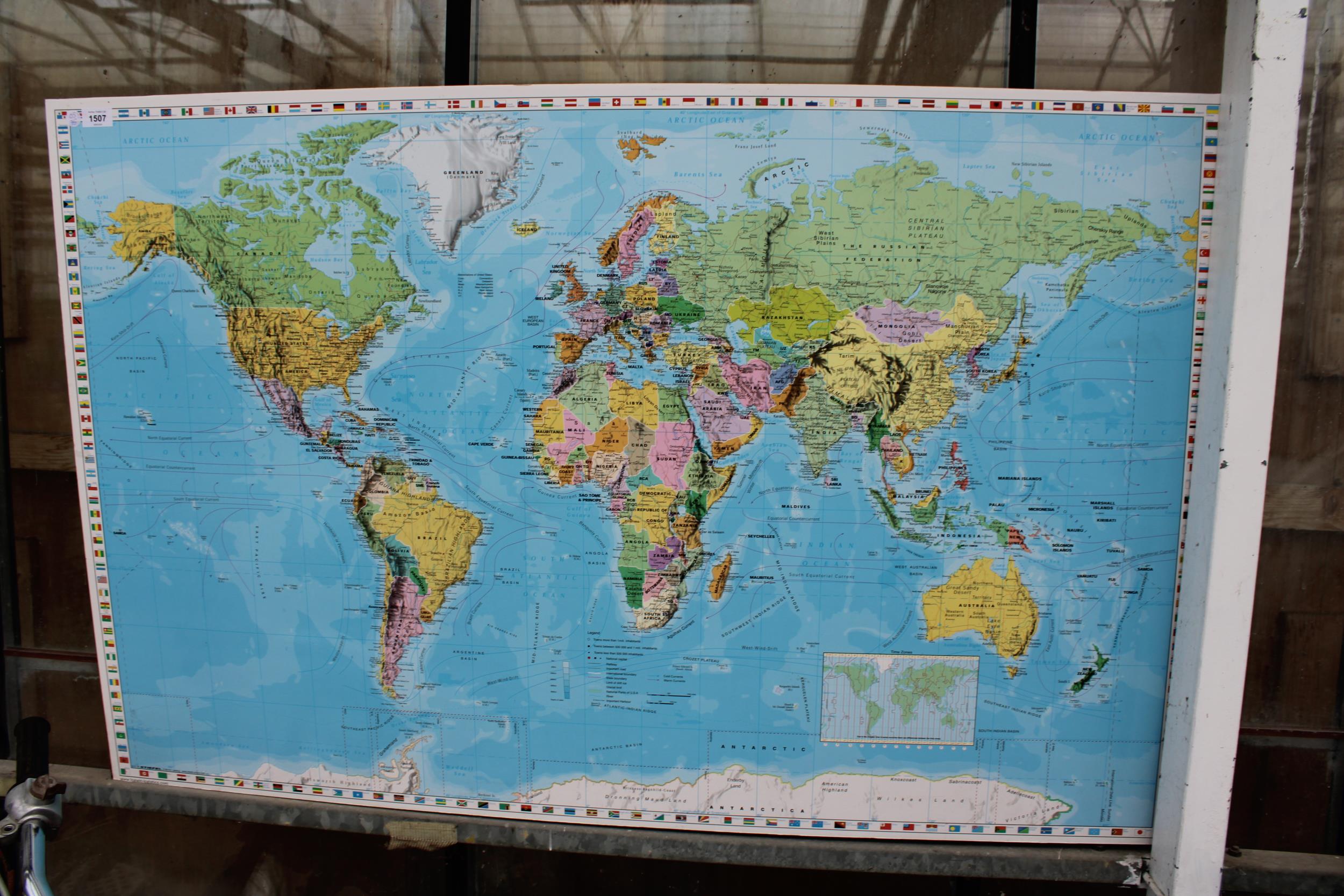 A VINTAGE CLASSROOM MAP OF THE WORLD IN FRAMEWORK, 52" X 34"