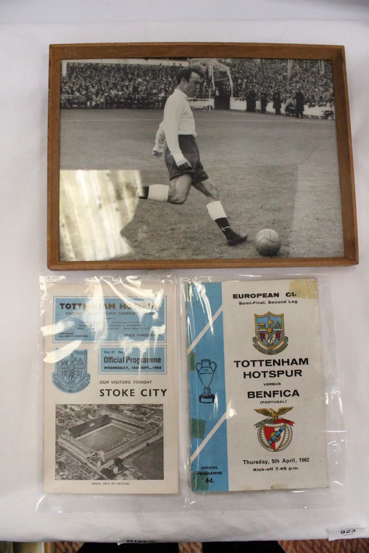 A FRAMED PHOTOGRAPH OF "JIMMY GREAVES" IN THE EARLY 1960S PLUS TWO 1960S TOTTENHAM HOTSPUR